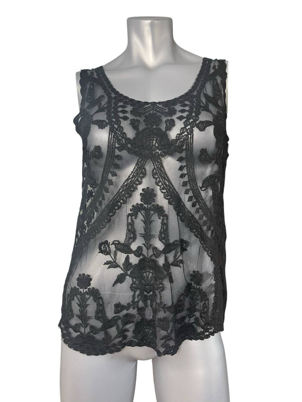 Black Lace Sheer Sleeveless Embroidered Top Tank Boho Layer Tulle Dulcie Small